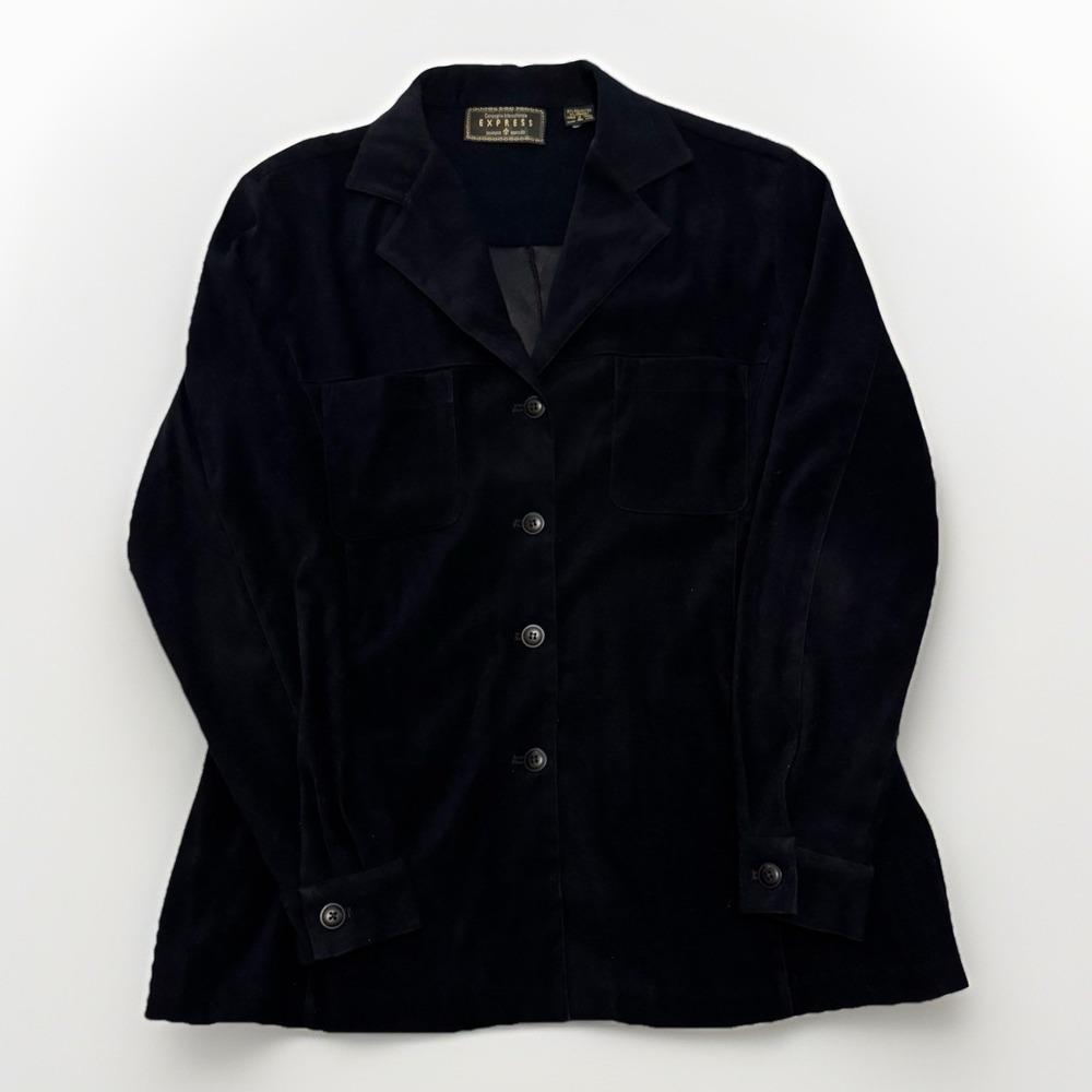 VTG Y2K Express Marque Black Suede Button Down Blouse Large Gothic Victorian EUC